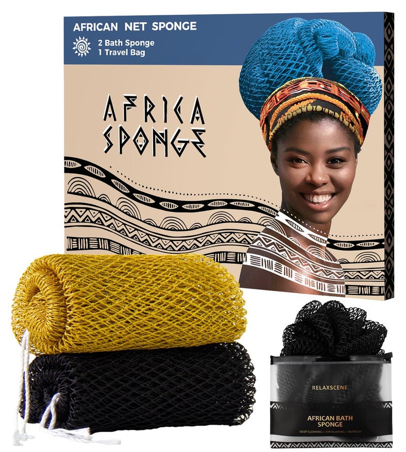 RelaxScene African Net Sponge Black and AntiGolden - 2 Pieces Authentic African Bath Sponges with Knots - Exfoliating Body Scrubber for Men - Back Scrub Exfoliator for Shower Bathroom Accessories - Image 1